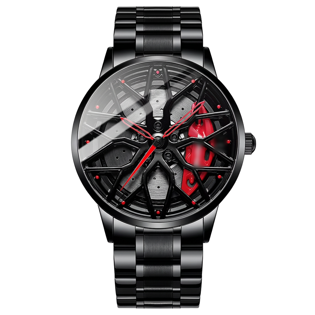 Apex Rotor Wheel Hub Watch — Caliper Red caliper on Steel Link band